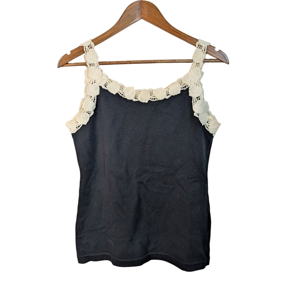 VINTAGE Debra C Beverly Hills Embroidery Lace & Black Cotton Rib Knit Tank Top